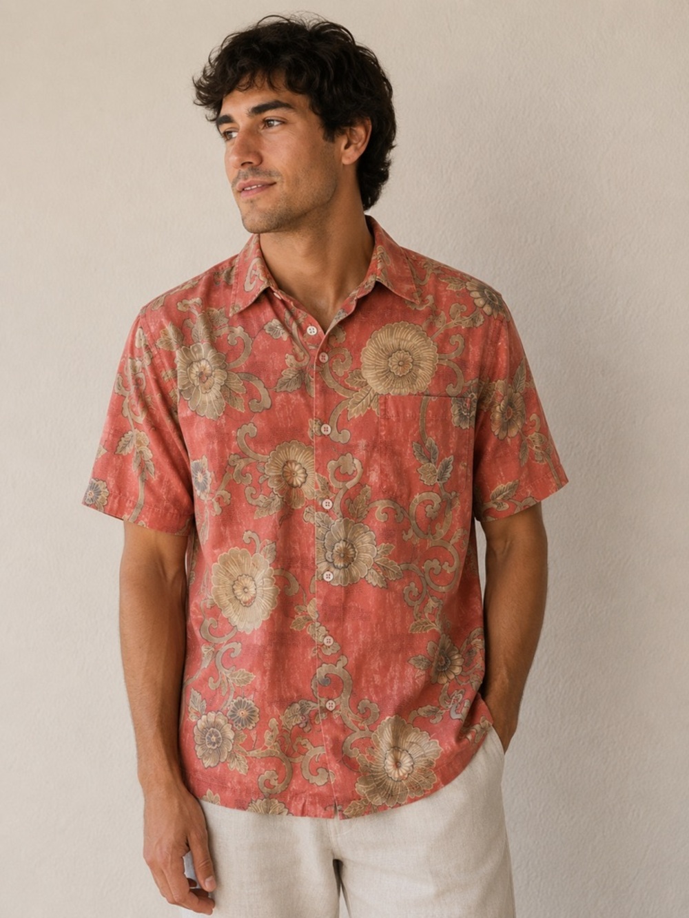 Tori Richard Mens Large Coral Floral Hawaiian Aloha Camp Shirt Short Sleeve